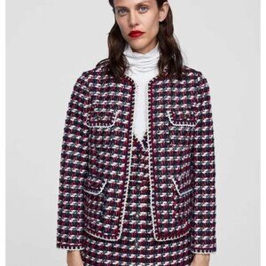 Zara Women's Navy/Red Textured Tweed Blazer Jacket Gold Trim- Size XS
